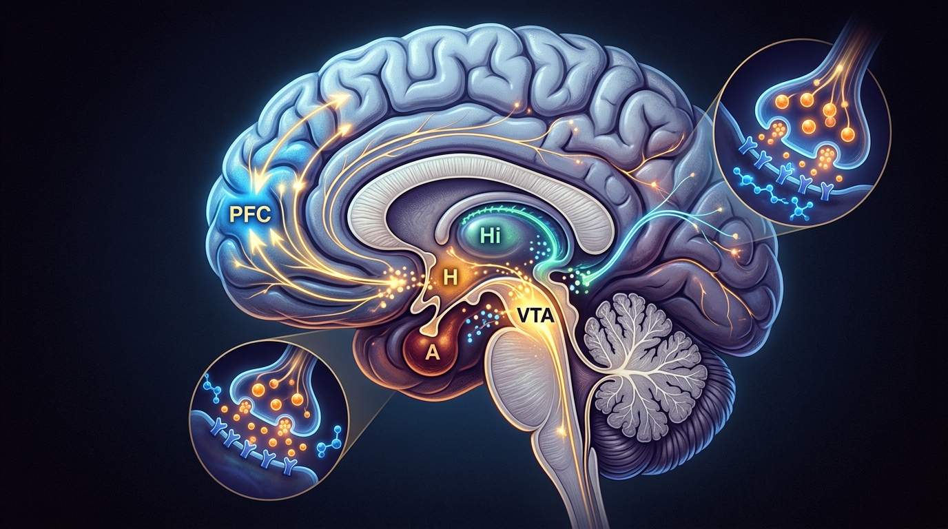 Coupe anatomique et voies neurochimiques de l'amour et des structures sous-corticales