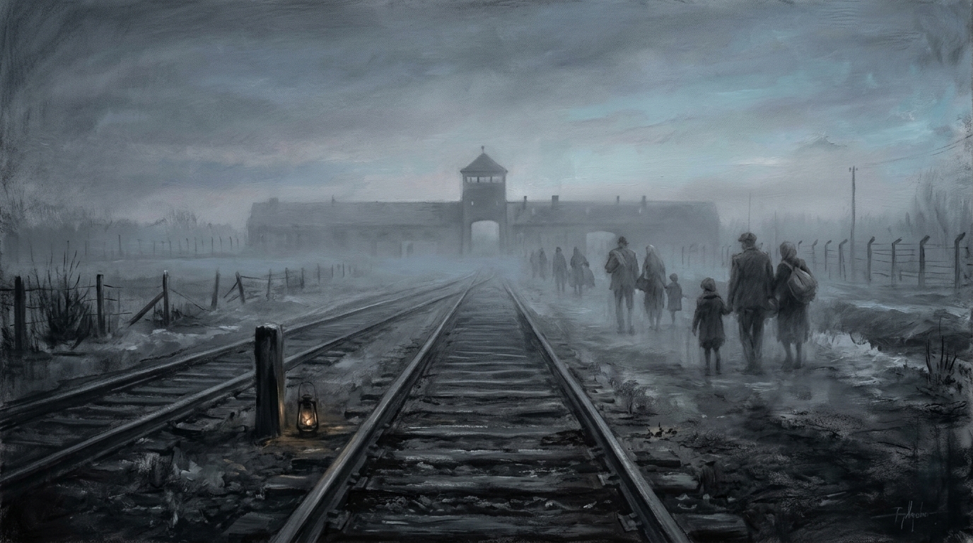 Illustration commémorative : rails menant aux camps de la mort dans la brume, évocation mémorielle de la déportation