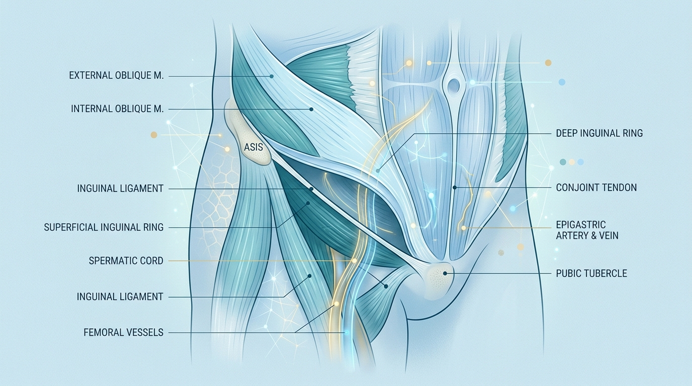 Schéma anatomique médical haute précision de la région inguinale montrant l'anneau inguinal profond, le ligament inguinal, le cordon spermatique et le trajet nerveux